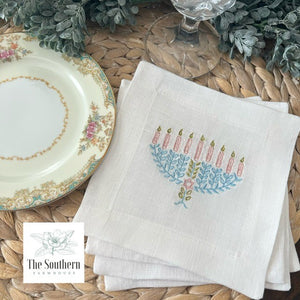 Set of 4 Embroidered Holiday Cocktail Napkins - Menorah for Hanukkah
