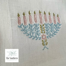 Load image into Gallery viewer, Set of 4 Embroidered Holiday Cocktail Napkins - Menorah for Hanukkah
