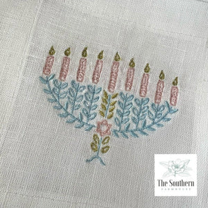 Set of 4 Embroidered Holiday Cocktail Napkins - Menorah for Hanukkah