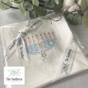 Set of 4 Embroidered Holiday Cocktail Napkins - Menorah for Hanukkah