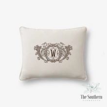 Load image into Gallery viewer, Linen Pillow Cover - Victorian Floral Framed Monogram
