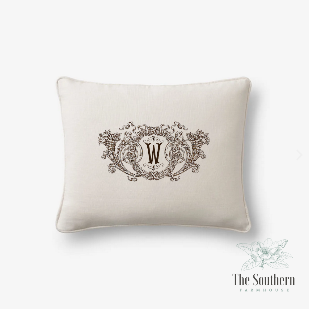 Linen Pillow Cover - Victorian Floral Framed Monogram