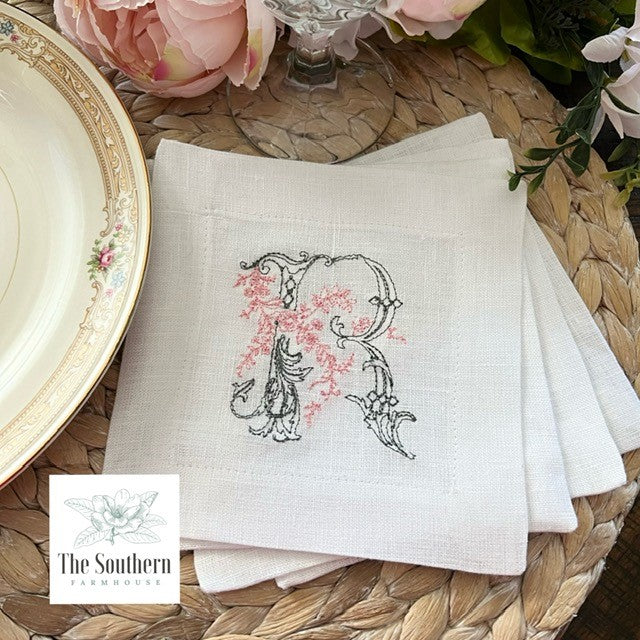Set of 4 Embroidered Cocktail Napkins - Romantic Floral Sketched Monogram