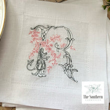 Load image into Gallery viewer, Set of 4 Embroidered Cocktail Napkins - Romantic Floral Sketched Monogram
