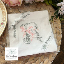 Load image into Gallery viewer, Set of 4 Embroidered Cocktail Napkins - Romantic Floral Sketched Monogram
