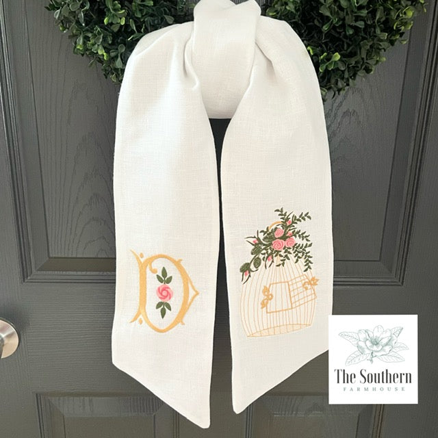 Linen Wreath/Basket Sash - Floral Birdcage with Monogram