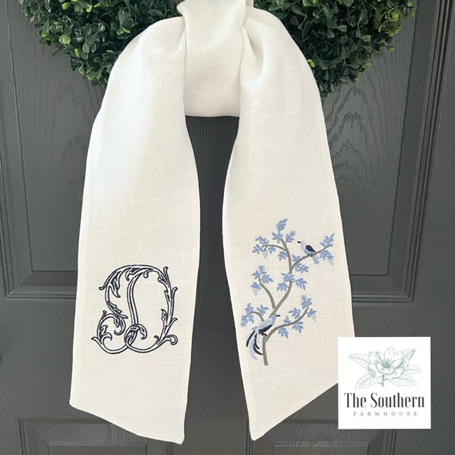 Linen Wreath/Basket Sash - Chinoiserie Bird Branch with Monogram