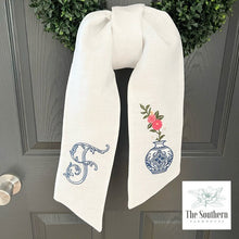 Load image into Gallery viewer, Linen Wreath/Basket Sash - Blue Willow Vase with Monogram
