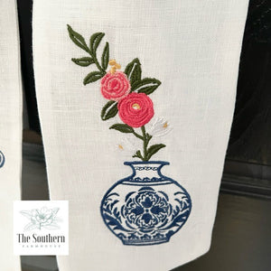 Linen Wreath/Basket Sash - Blue Willow Vase with Monogram