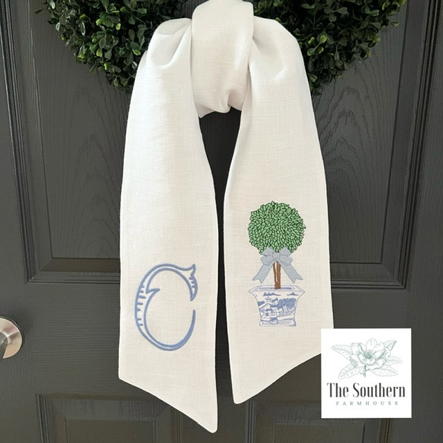 Linen Wreath/Basket Sash - Chinoiserie Topiary Tree