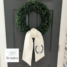 Load image into Gallery viewer, Linen Wreath/Basket Sash - Coral &amp; Seashell Crest Monogram
