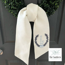 Load image into Gallery viewer, Linen Wreath/Basket Sash - Coral &amp; Seashell Crest Monogram
