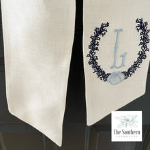 Load image into Gallery viewer, Linen Wreath/Basket Sash - Coral &amp; Seashell Crest Monogram
