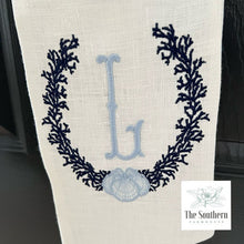 Load image into Gallery viewer, Linen Wreath/Basket Sash - Coral &amp; Seashell Crest Monogram
