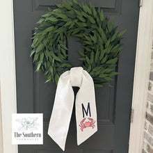 Load image into Gallery viewer, Linen Wreath/Basket Sash - Sketched Crab Monogram
