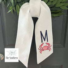 Load image into Gallery viewer, Linen Wreath/Basket Sash - Sketched Crab Monogram
