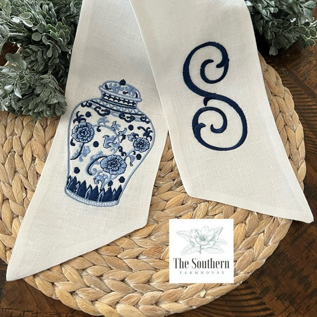 Linen Wreath/Basket Sash - Chinoiserie Ginger Jar Monogram