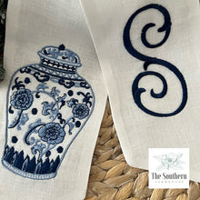Load image into Gallery viewer, Linen Wreath/Basket Sash - Chinoiserie Ginger Jar Monogram
