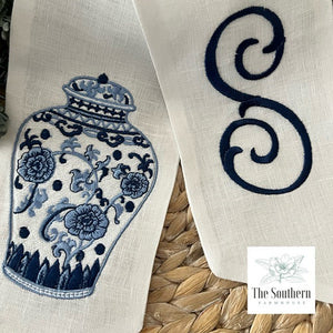 Linen Wreath/Basket Sash - Chinoiserie Ginger Jar Monogram
