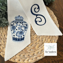 Load image into Gallery viewer, Linen Wreath/Basket Sash - Chinoiserie Ginger Jar Monogram
