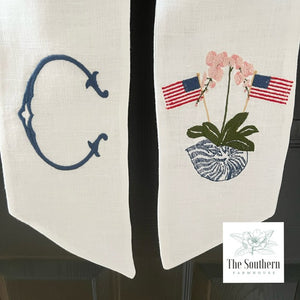 Linen Wreath/Basket Sash - Patriotic Chinoiserie Iris