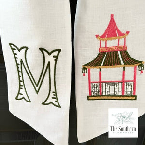 Linen Wreath/Basket Sash - Chinoiserie Pagoda