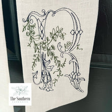 Load image into Gallery viewer, Linen Wreath/Basket Sash - Romantic Floral Sketched Monogram
