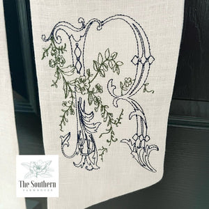 Linen Wreath/Basket Sash - Romantic Floral Sketched Monogram