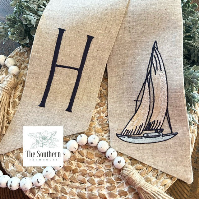 Linen Wreath/Basket Sash - Sailboat Monogram