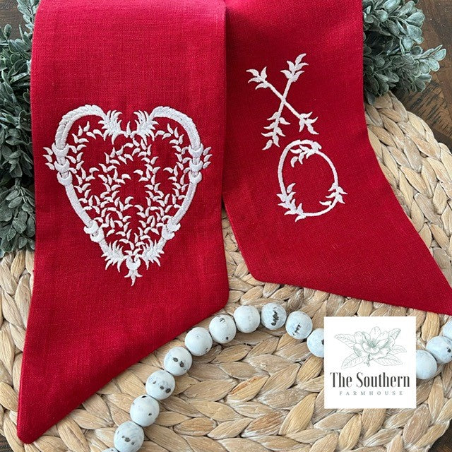 Linen Wreath/Basket Sash - Vintage Heart Red