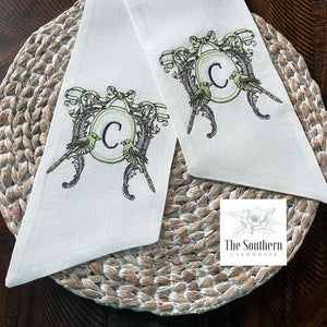 Linen Wreath/Basket Sash - Vintage Bird Crest Monogram