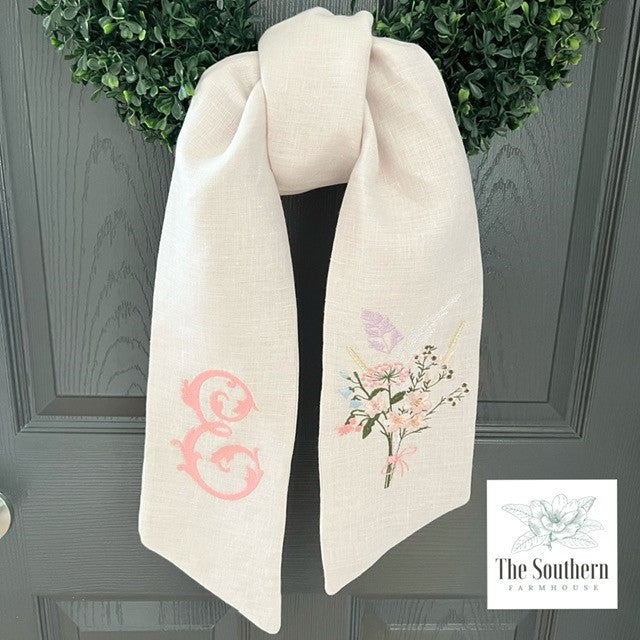 Linen Wreath/Basket Sash - Wildflower Bouquet with Monogram
