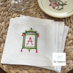 Set of 4 Embroidered Cocktail Napkins - Pagoda Monogram
