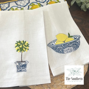 Set of Two Tea Towels - Chinoiserie Blue Willow Lemon Tree and Lemon Bowl