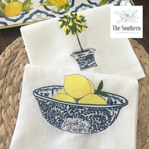 Set of Two Tea Towels - Chinoiserie Blue Willow Lemon Tree and Lemon Bowl