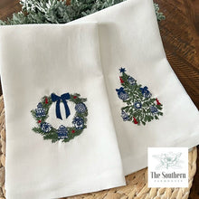 Load image into Gallery viewer, Set of Two Tea Towels - Chinoiserie Christmas Wreath &amp; Tree
