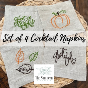 Set of 4 Embroidered Cocktail Napkins - Thanksgiving, Fall, Harvest