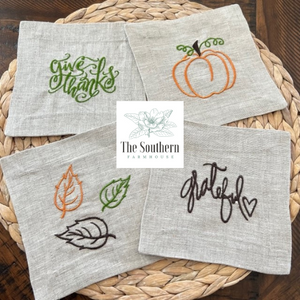 Set of 4 Embroidered Cocktail Napkins - Thanksgiving, Fall, Harvest