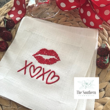 Load image into Gallery viewer, Set of 4 Embroidered Cocktail Napkins - Valentine Kisses XOXO
